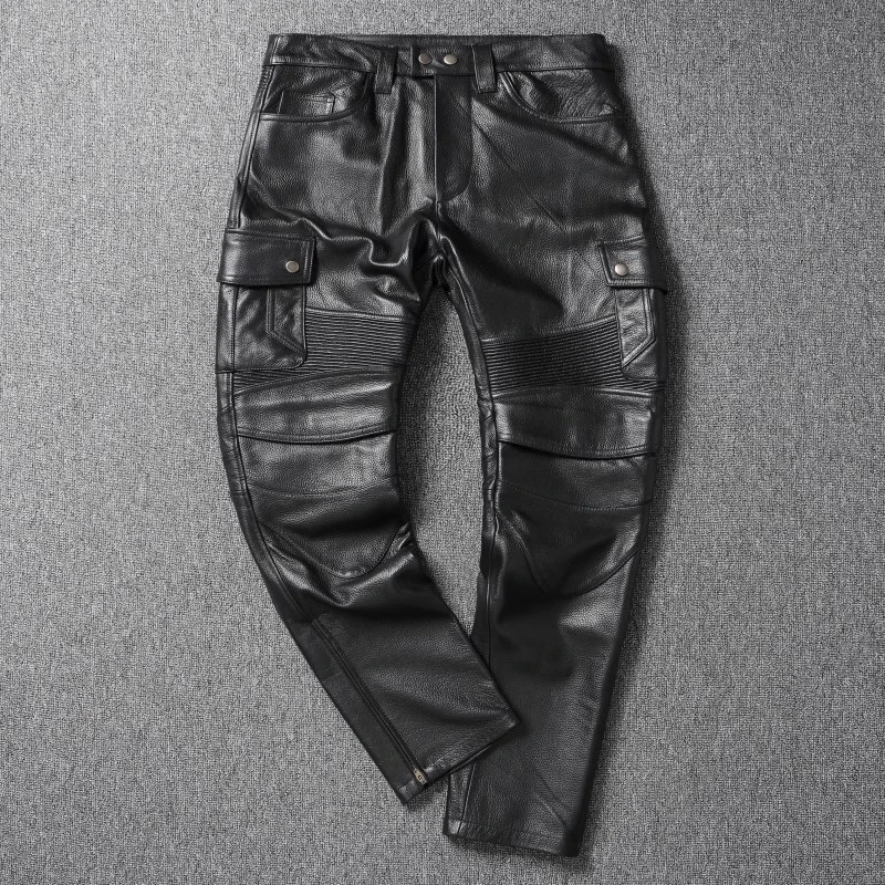 重工多口袋骑行复古长裤头层牛皮真皮皮裤男摩托车工装裤可加护具