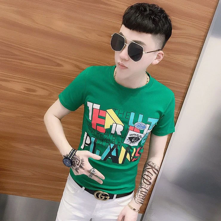 2025夏季男士网红个性印花圆领百搭短袖t恤帅气潮流修身半袖时尚