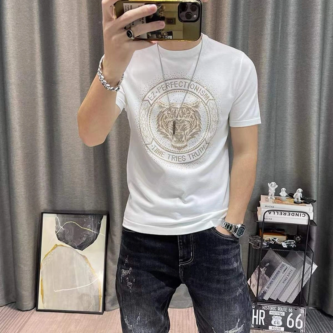 轻奢烫钻虎头纯棉短袖t恤男士2025夏季新款休闲潮流修身圆领半袖