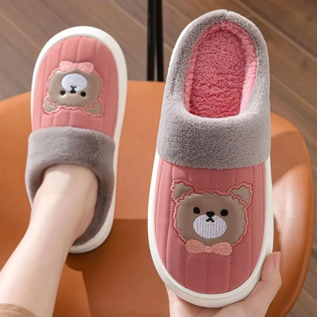 卡通皮面防水防滑情侣棉拖鞋女士冬季居家室内加厚底保暖鞋家用男