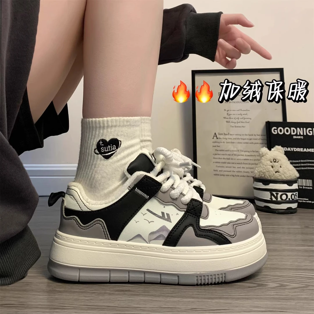 回力黑白水墨画原创板鞋女2025春季新款百搭休闲加厚鞋子加绒保暖