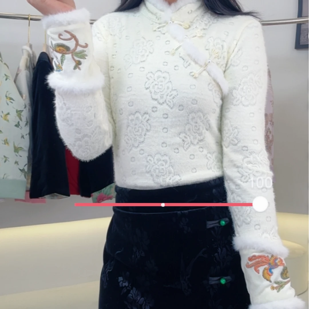 889-2024年新中式国风加绒加厚蕾丝刺绣毛毛边时尚百搭款打底衫