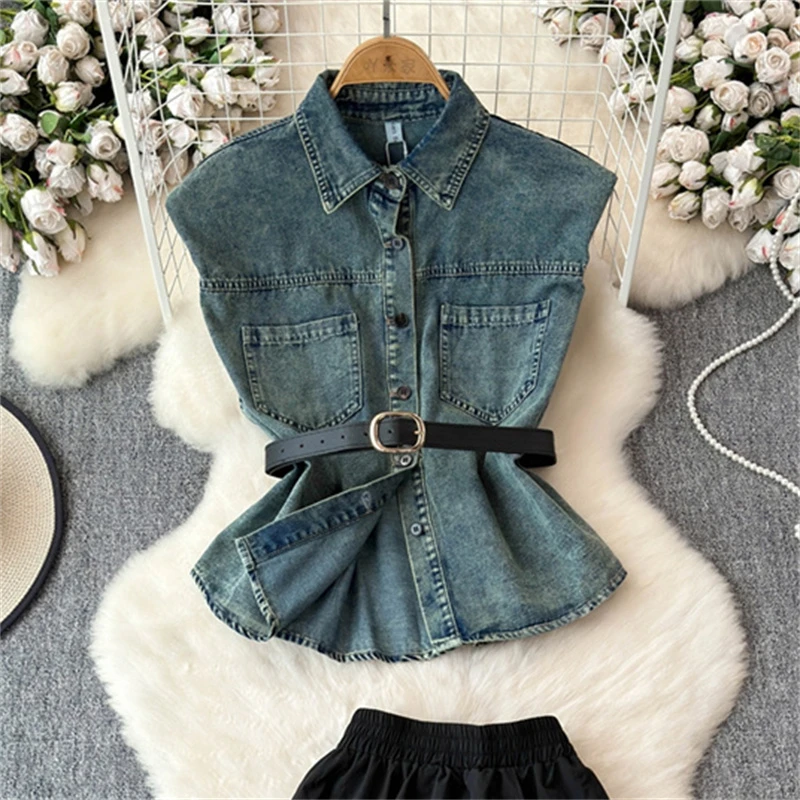 高级感新款翻领马甲衬衫薄款外套夏季韩版显瘦配腰带牛仔马甲女款