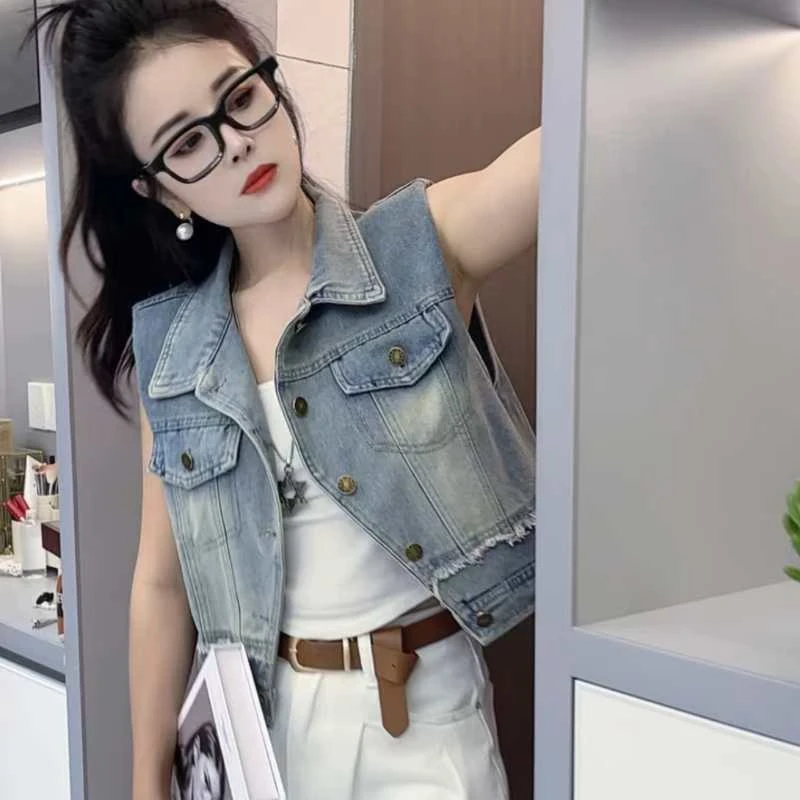 新款韩版设计感磨破毛边牛仔无袖马甲宽松短款牛仔马甲搭配