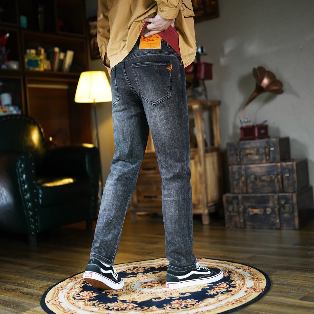 高级黑灰色秋冬款潮牌牛仔裤时尚弹力百搭修身直筒男士九分/ 长裤