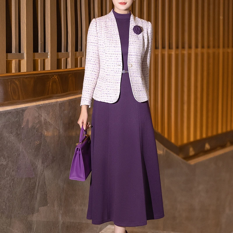 时尚小香风毛呢套装女秋冬2024新款洋气气质短款外套连衣裙两件套