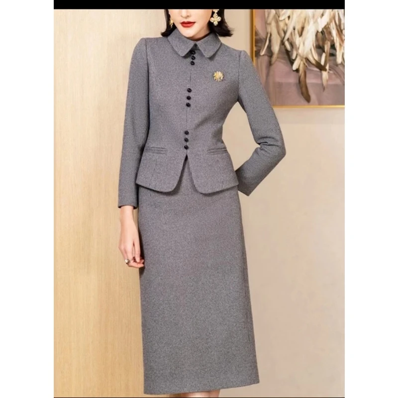 咖色千鸟格小香风呢子两件套裙子套装连衣裙针织气质时尚修身显瘦