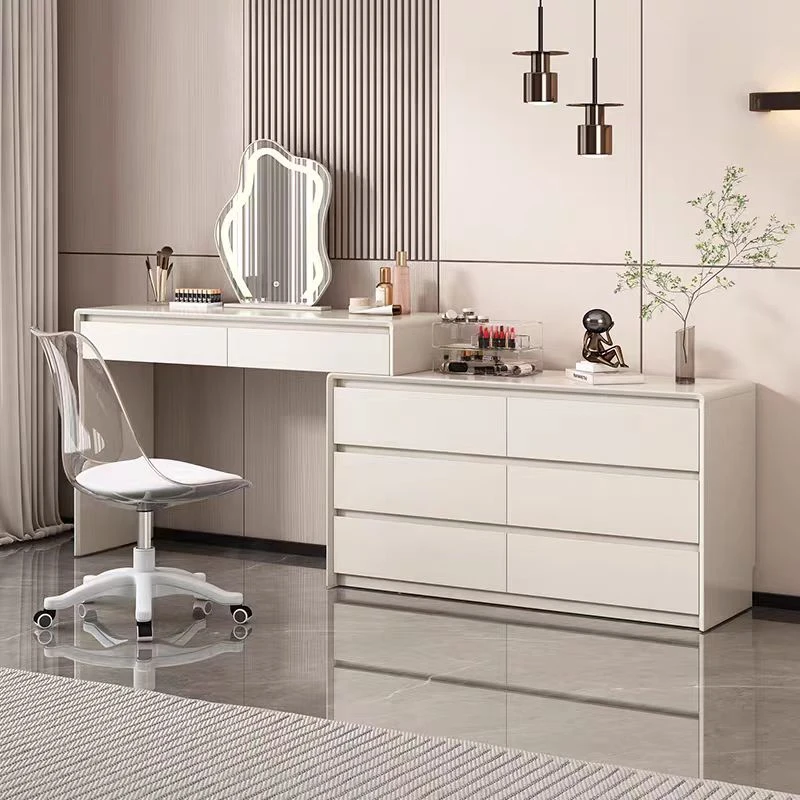 全实木梳妆台烤漆台面1.2米六斗柜双抽妆台透明转椅云朵镜水晶凳