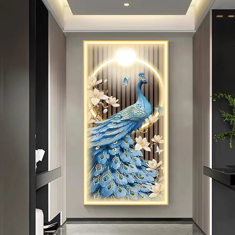 孔雀带灯玄关装饰画新中式竖版高级感墙壁挂画过道走廊晶瓷镶钻画