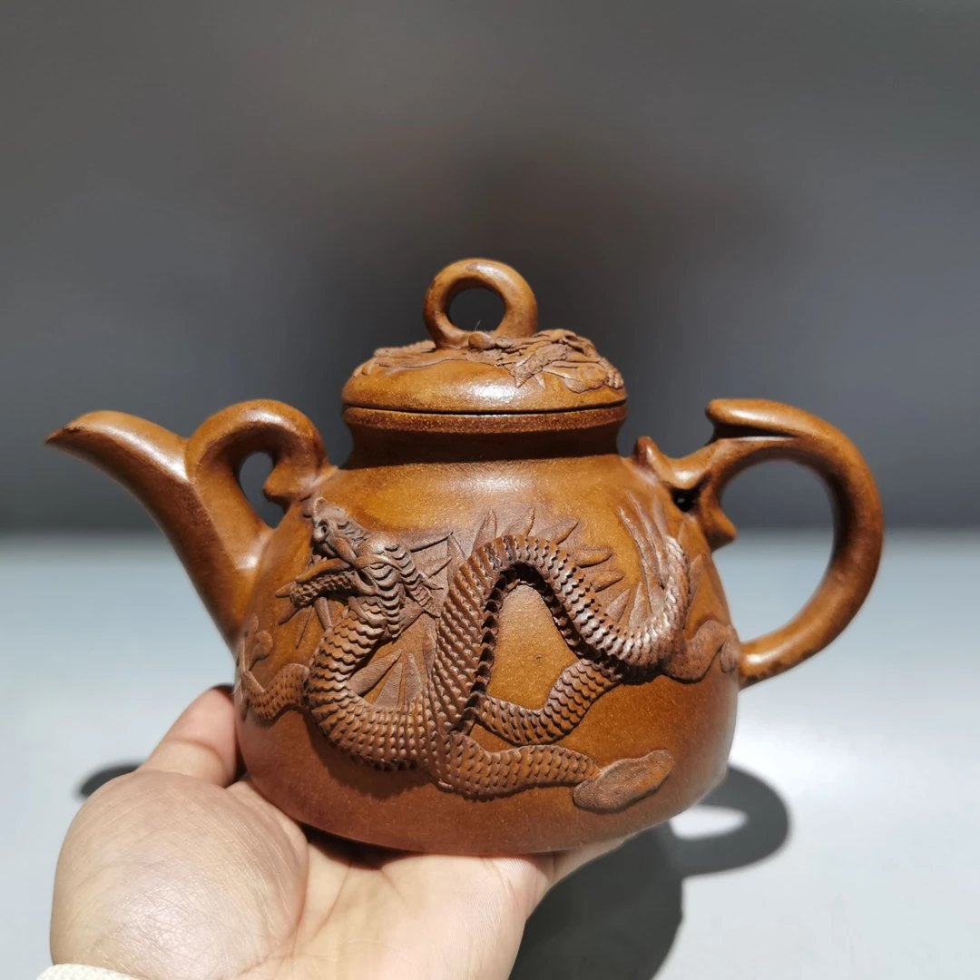 墨林堂时大彬名家旧藏段泥浮雕龙行天下紫砂壶