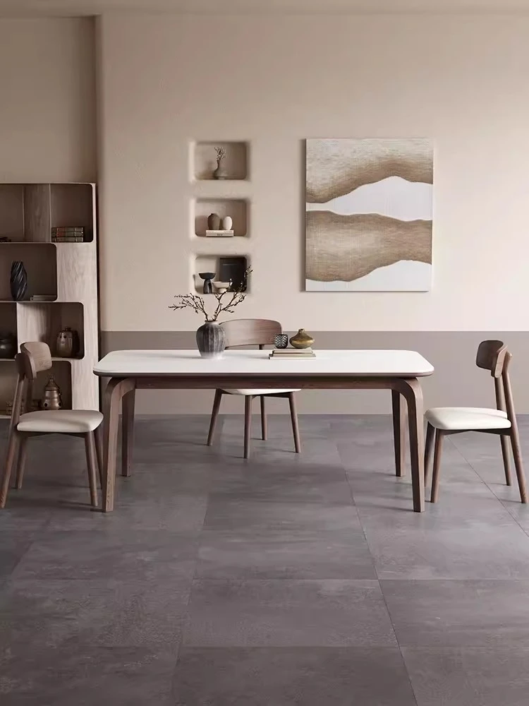 实木岩板餐桌长方形餐桌椅现代北欧家用小户型岩板饭桌简约饭桌子