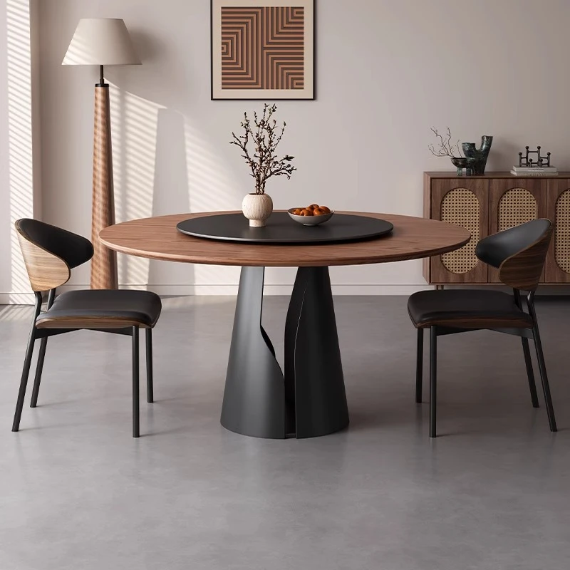 中古风圆形实木餐桌椅带转盘意式家用现代简约小户型法式饭桌子