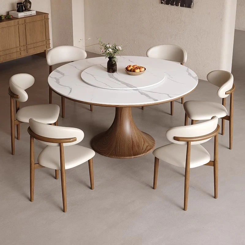 复古风岩板实木餐桌家用小户型现代简约圆形饭桌中古风餐桌椅组合