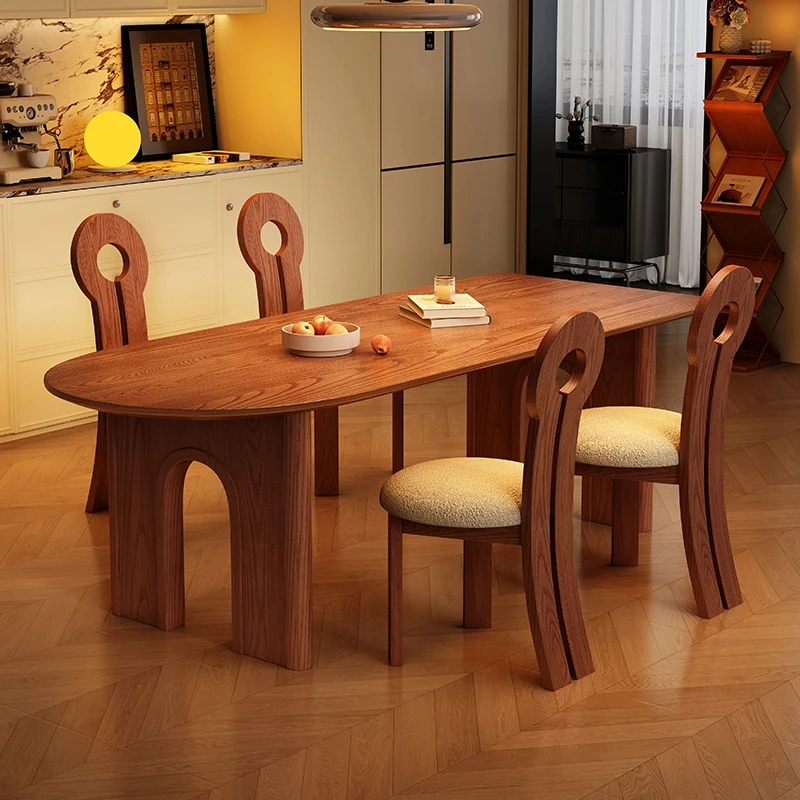 中古风白蜡木餐桌岛台法式复古桌椅小户型家用餐厅半圆长方形饭桌