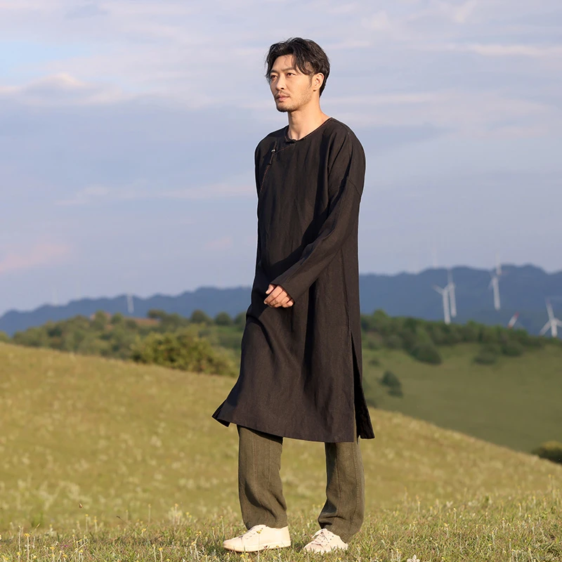 楠中国风男装长衫中式大褂斜襟盘扣上衣手工大码宽松民族服装鹤逸