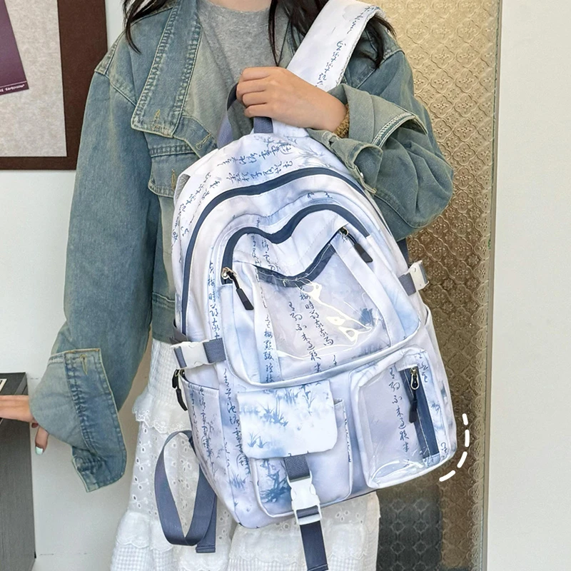 新中式古风大容量旅行双肩包透明书包女初中女生高中学生通包背包