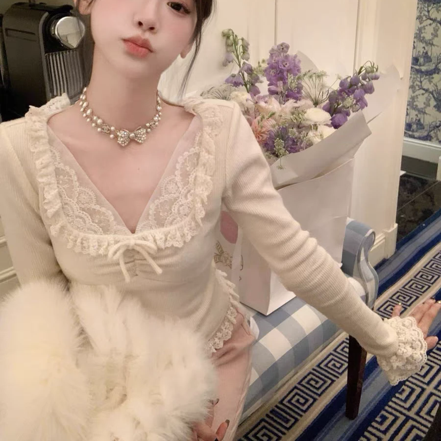 【A9772美人】2024秋冬季修身设计感长袖拼接蕾丝纯欲风上衣短款