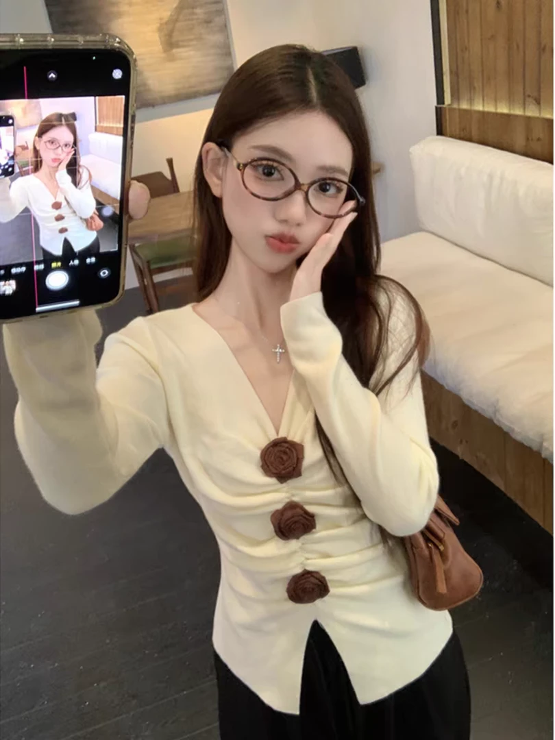 【A9681美人】2024秋季修身设计感长袖纯欲风褶皱上衣