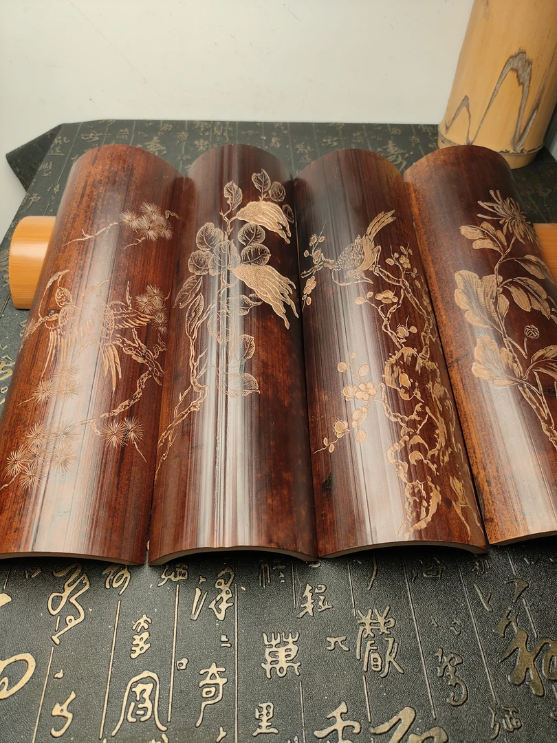 百年老媒竹花鸟人物精雕臂搁