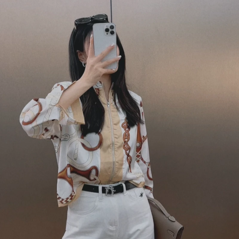 【susu】气质老钱风高级感长袖小众设计女士印花衬衫