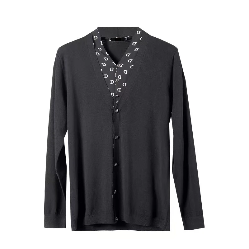 春秋男士轻奢设计师时尚简欧黑色提花烫钻休闲气质长袖针织百搭