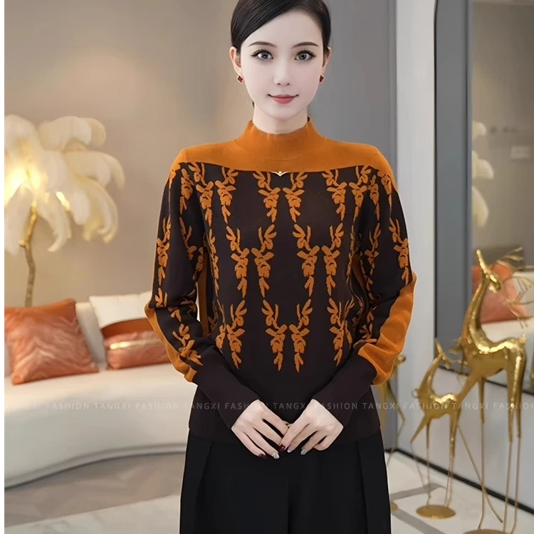 秋冬加厚半高领毛衣女时尚洋气拼色针织衫宽松显瘦气质打底衫爆款