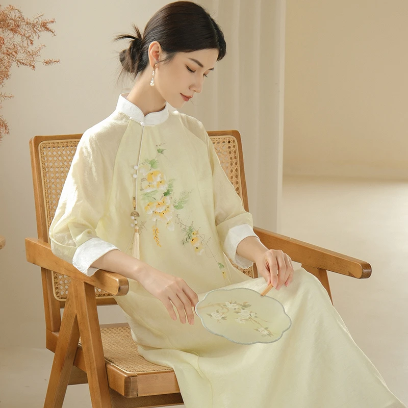 中国风复古手绘改良汉服中长款日常禅意茶服汉元素古风中式连衣裙