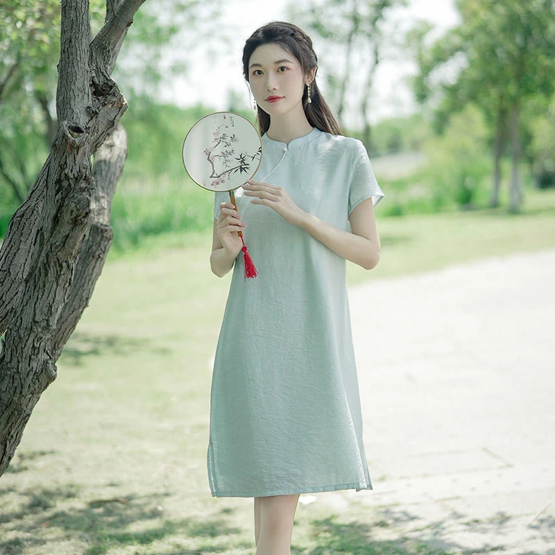 中国风改良旗袍女夏季轻薄款天丝棉纯色文艺150小个子茶服连衣裙