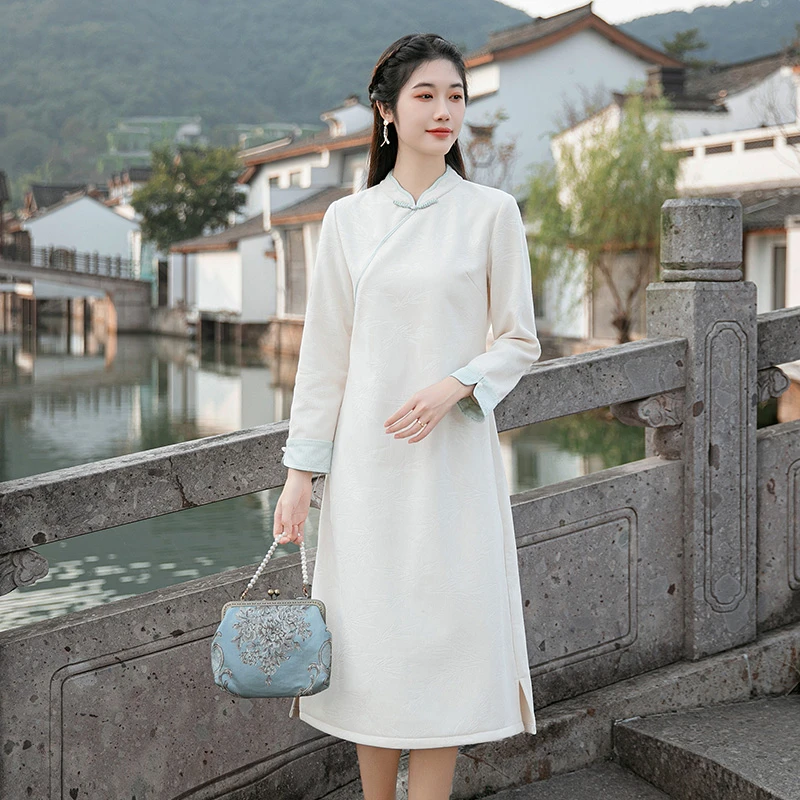 秋冬国风女装连衣裙禅意茶服中式立领中长款灯芯绒日常改良汉服裙