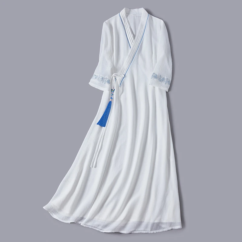 翰墨云汐中国风复古改良汉服宋代中式女装交领禅意茶服仙气连衣裙