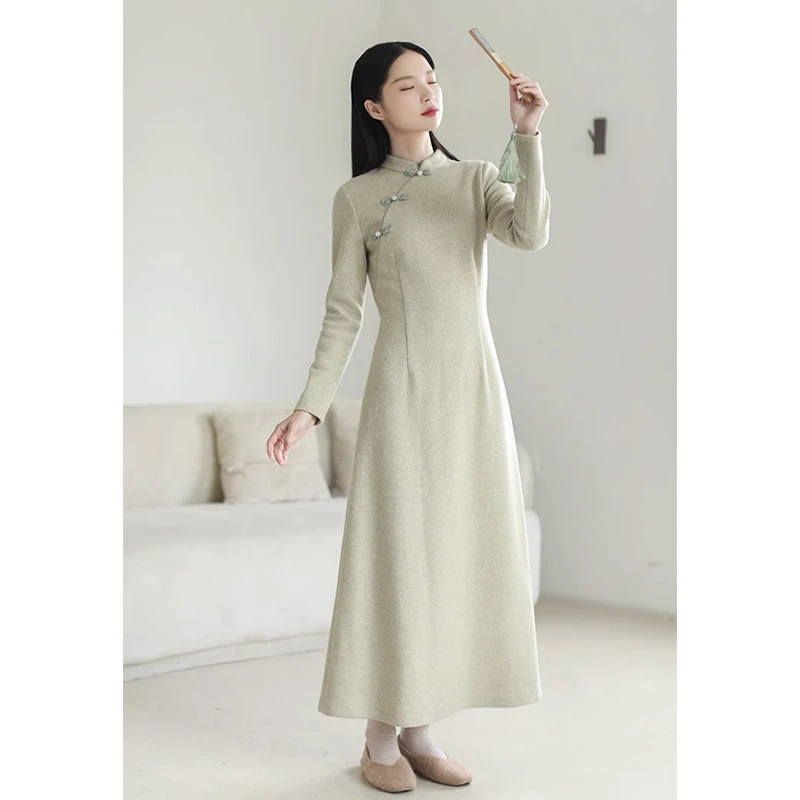中国风秋冬小个子茶服女禅意新中式国风复古针织改良旗袍连衣裙女