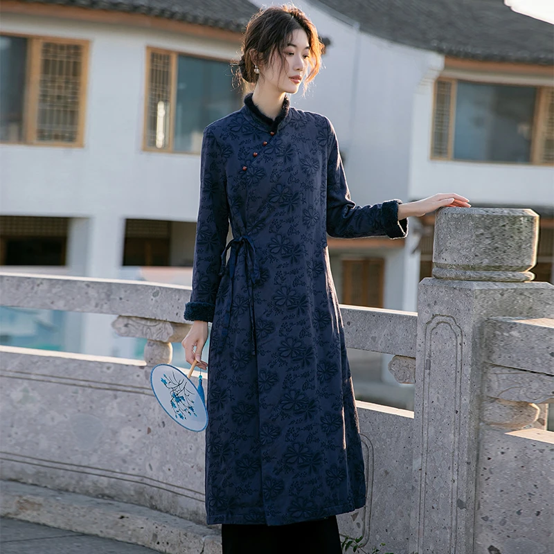 翰墨云汐冬季新款中式唐装改良汉服加绒加厚棉禅意茶服女外套裙子