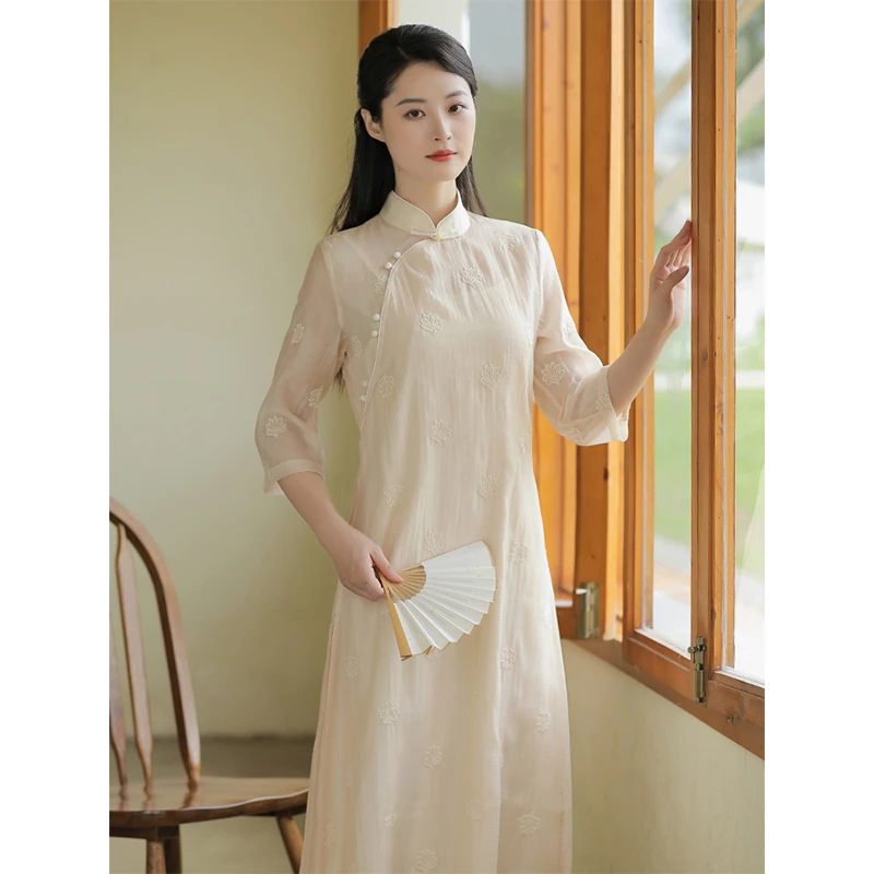 【逸风】中式女装国风改良旗袍复古立领天丝绣花茶服女禅意连衣裙