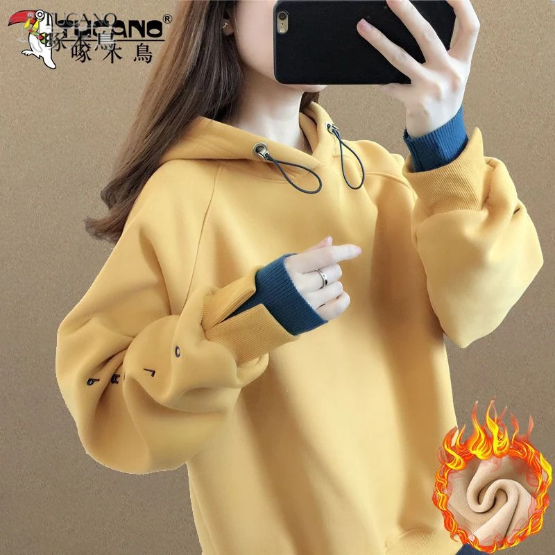 啄木鸟加绒加厚卫衣女装宽松韩版新款春秋连帽上衣洋气外套潮