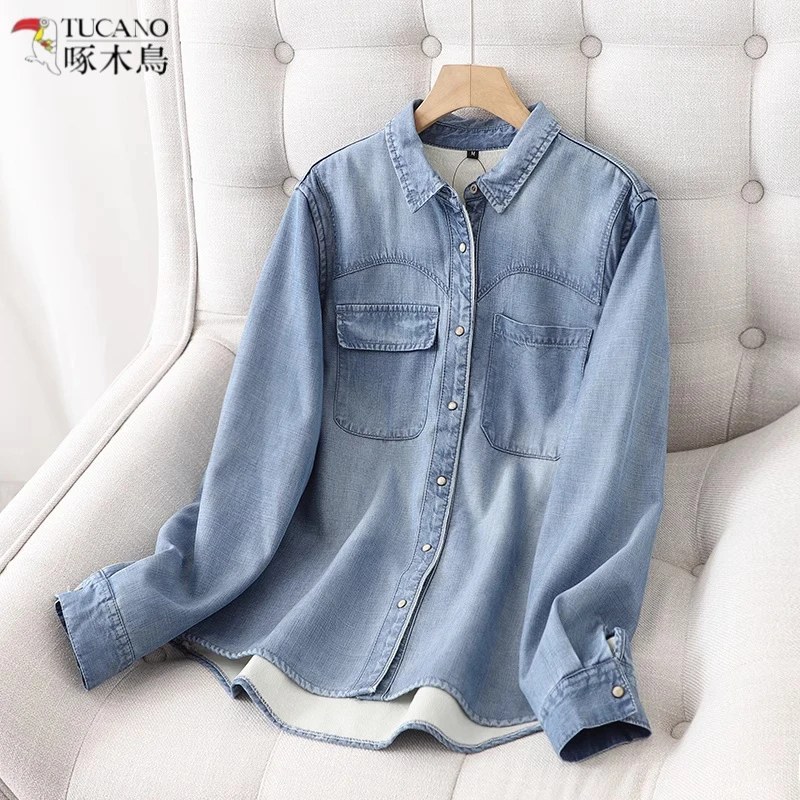 啄木鸟秋冬装新款加绒加厚天丝牛仔衬衫女长袖打底衫上衣搭配叠穿