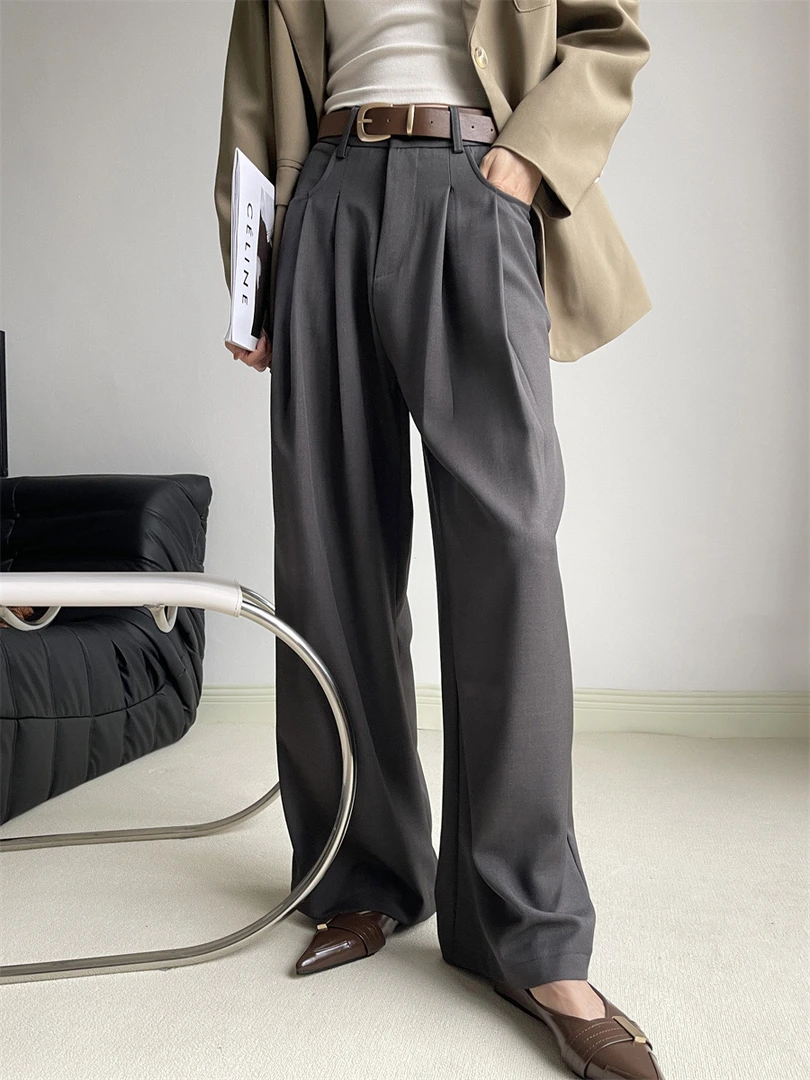 【春季新款】灰色简约时尚高级垂感西装裤垂坠感高腰直筒阔腿微喇裤
