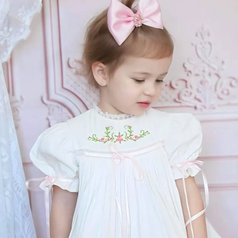 JannyBB原创粉色绣花传家宝女童连衣裙长裙花童裙洋气仙女