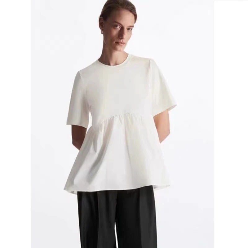 C家风女装夏季休闲版型短款缩褶圆领上衣拼接宽松款女式短袖衬衫