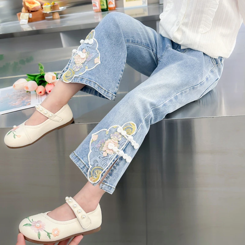 女童新中式牛仔裤洋气儿童春秋款裤子时尚女宝宝休闲裤中国风长裤