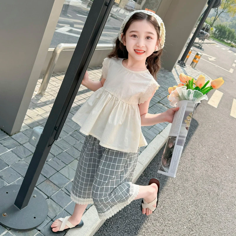 儿童夏装洋气女童无袖套装时髦夏款宝宝背心格子阔腿裤两件套韩版