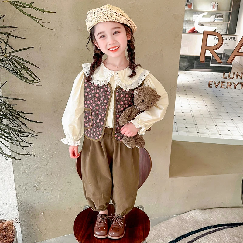 女童森系套装洋气2024新款女宝宝马甲三件套时髦小女孩韩版春秋款