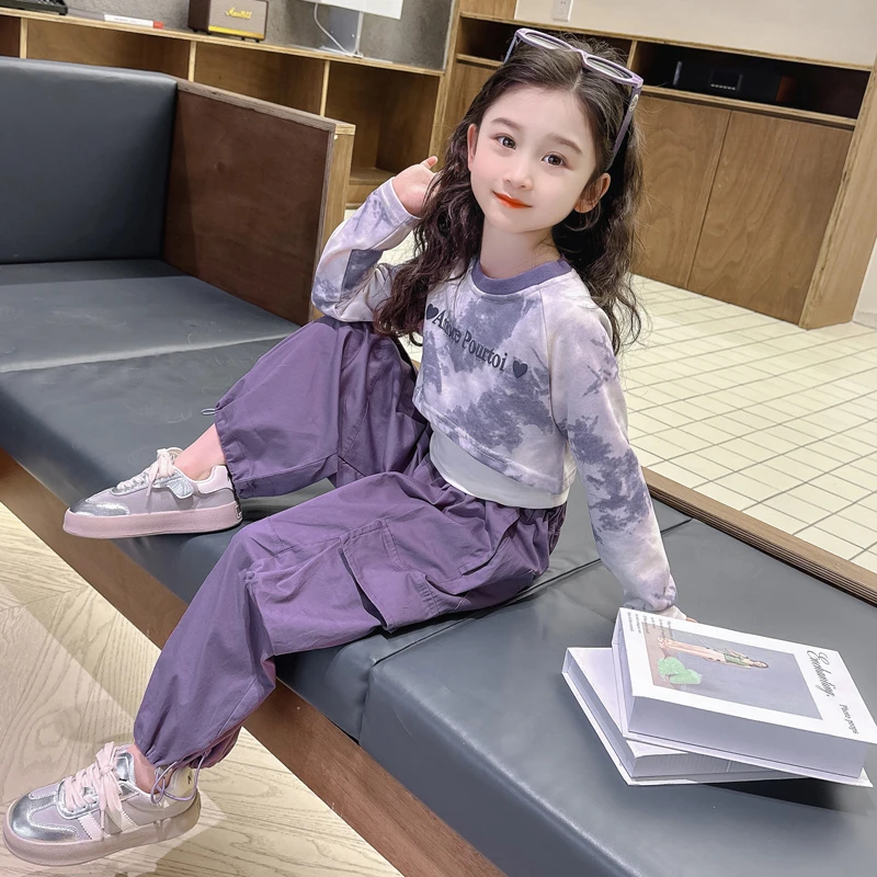 女童扎染套装洋气春秋款儿童时髦女宝宝卫衣工装裤时髦三件套潮