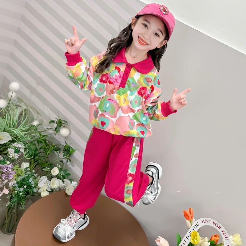 女童满印花朵套装春秋款网红女宝宝polo卫衣洋气两件套小童装时髦