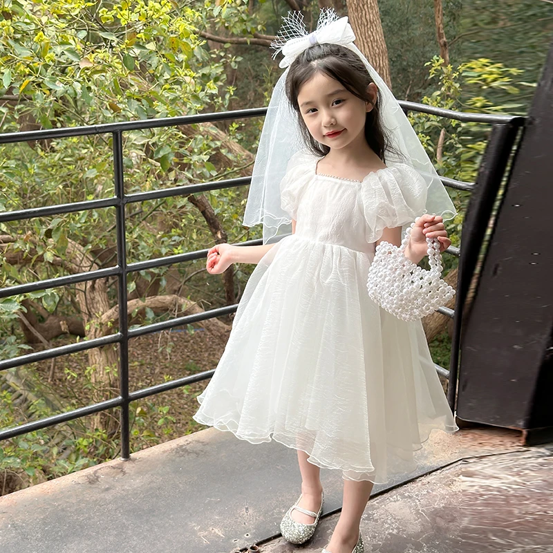 女童白色连衣裙夏季公主裙洋气宝宝礼服裙子时尚小女孩蓬蓬网纱裙