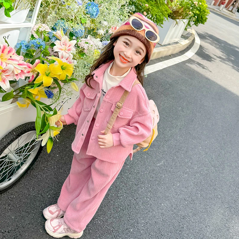 女宝宝纯色套装春秋款时髦儿童洋气女童外套阔腿裤两件套韩版女孩