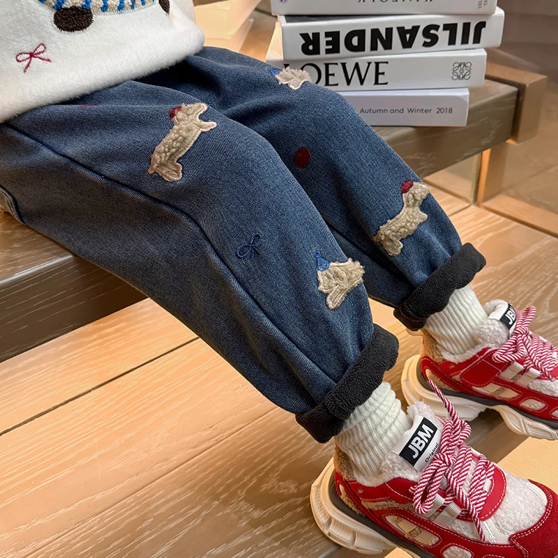 儿童秋冬装裤子洋气女宝宝加绒牛仔裤韩版女童加厚一体绒休闲裤潮