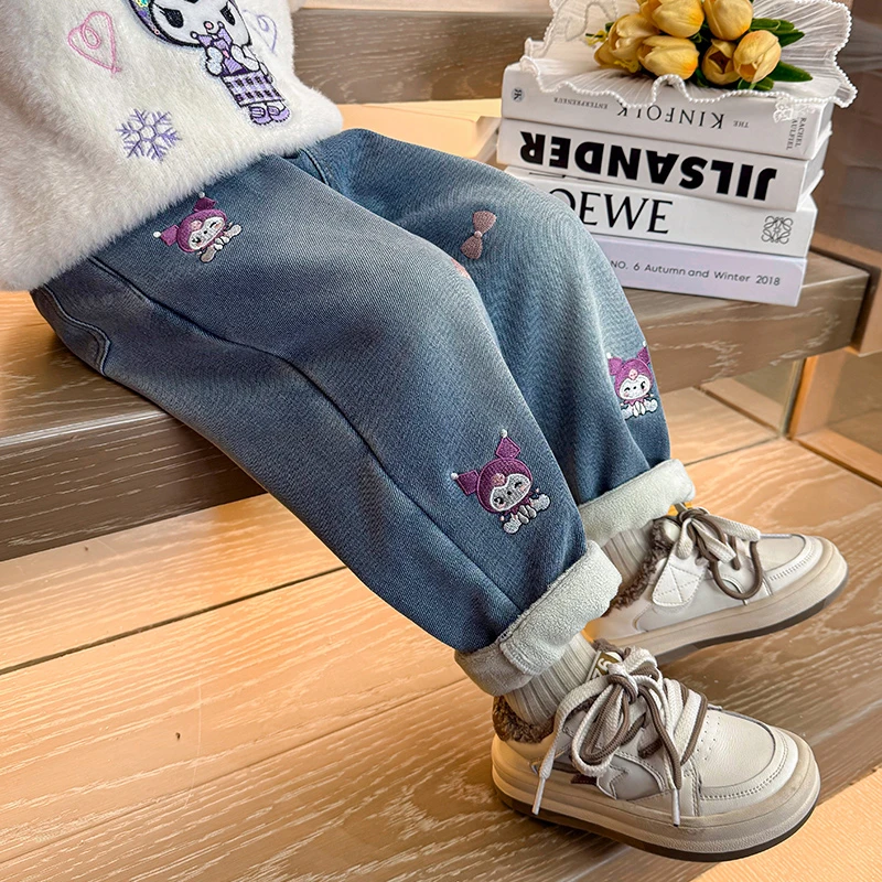 女童加绒牛仔裤卡通洋气秋冬新款女宝宝加厚一体绒休闲裤小童保暖