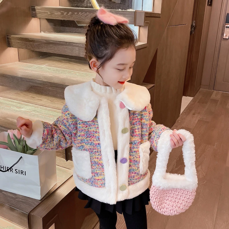 女童甜美加绒外套秋冬装洋气女宝宝加厚上衣时尚小童大衣娃娃领潮