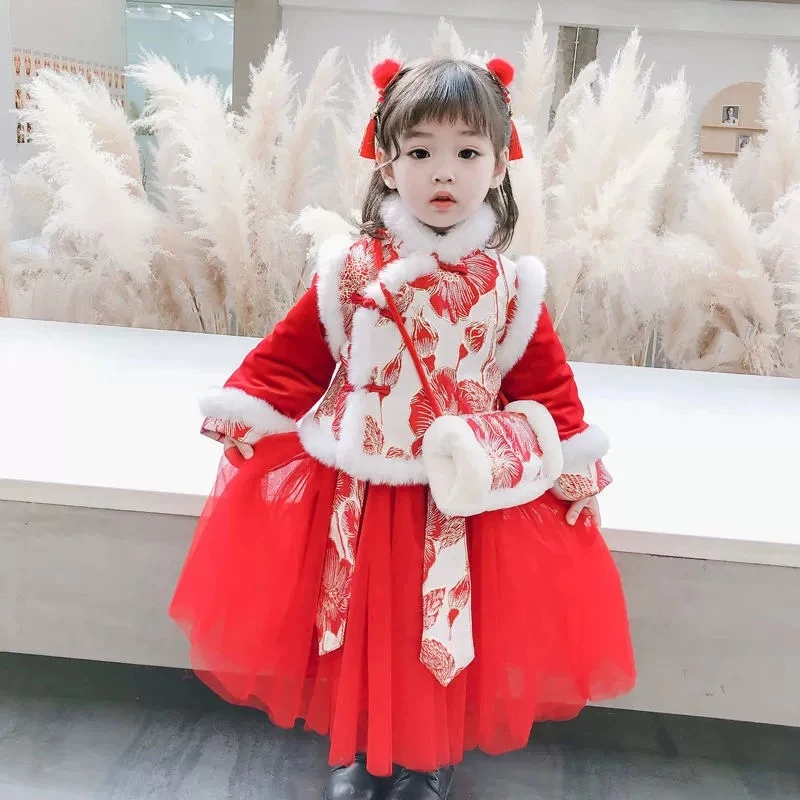 汉服童装女童拜年服中国风冬装加厚过年儿童唐装女孩宝宝新年衣服