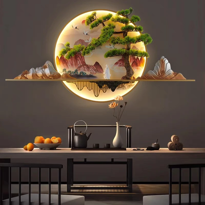 新中式影壁墙壁灯中国风户外防水太阳能别墅山水禅意背景墙壁画灯